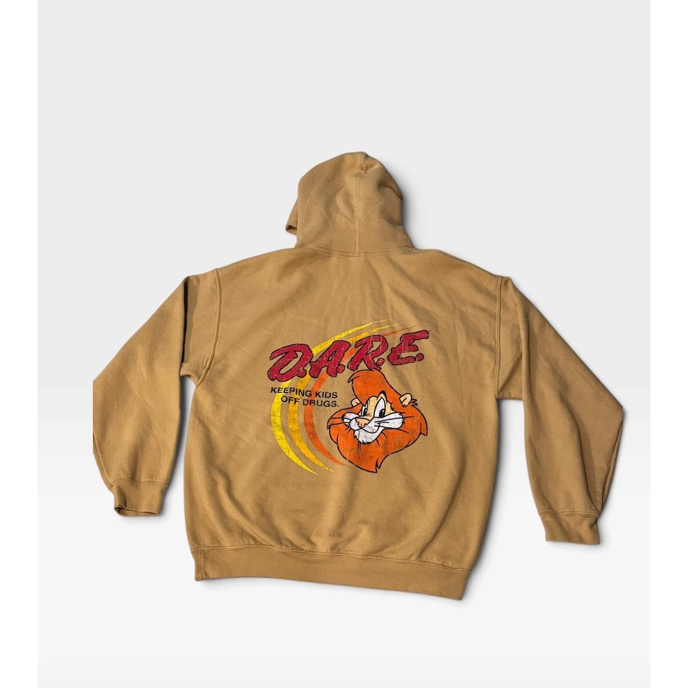 Vintage D.A.R.E. Hoodie Dare Lion Graphic Pullover Distressed Faded Tan 90s Y2K
